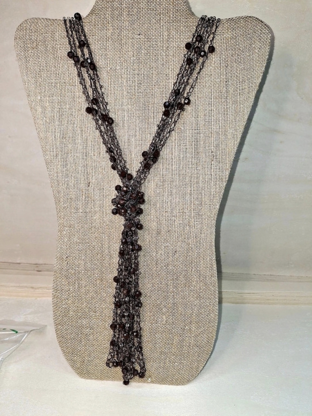 Beaded Tassel Necklace in Brown & Clear Beads